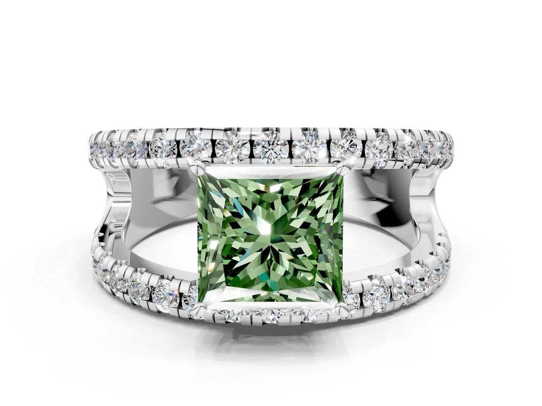 White gold Fancy Green Princess  Solitaire Split Shank Pave Diamond Ring_29