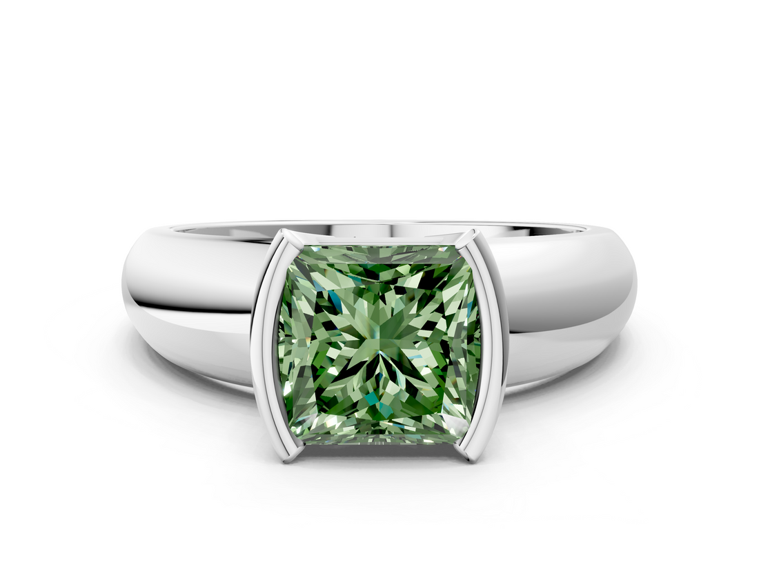 White gold Fancy Green Princess  Solitaire Tension Set Diamond Ring with Wide Band