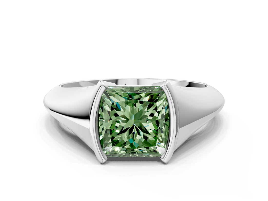 White gold Fancy Green Princess  Solitaire Tension Set Diamond Ring