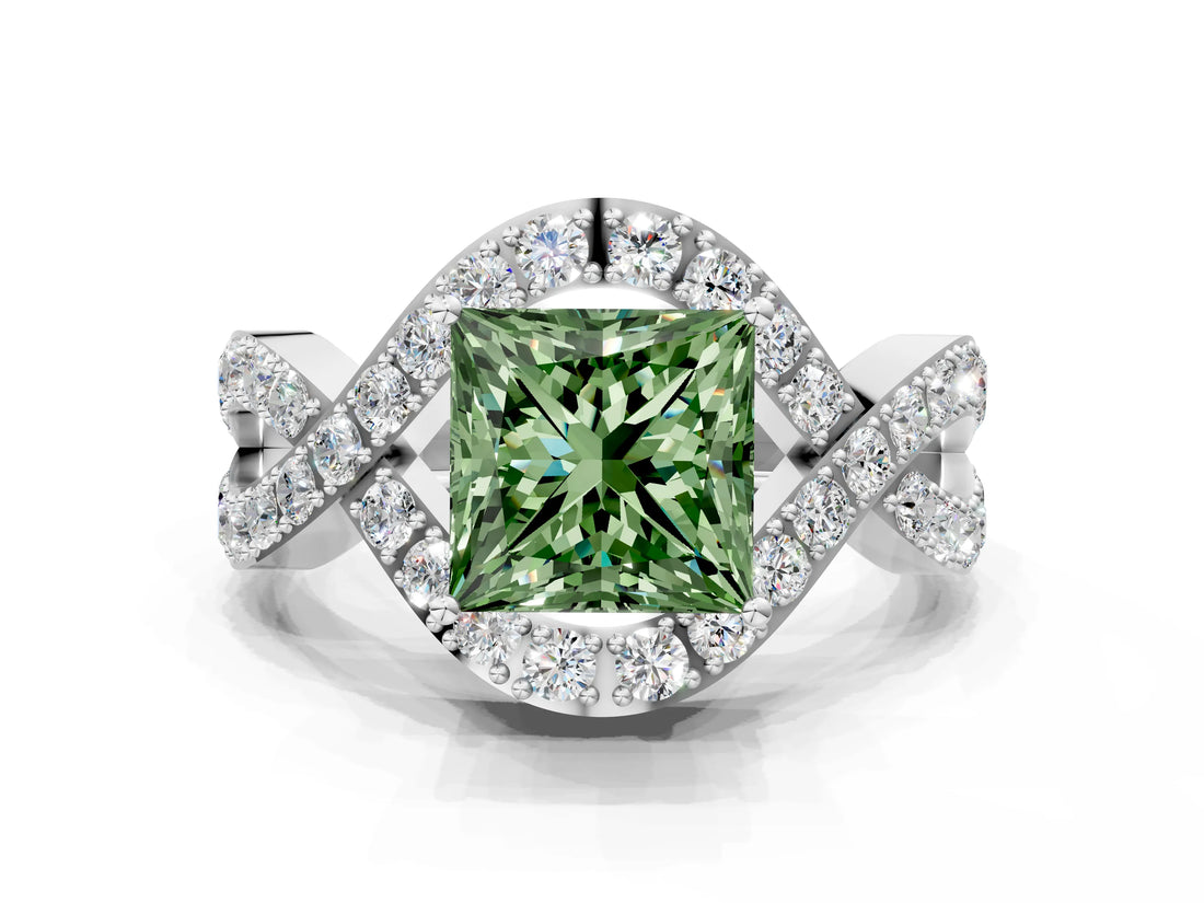 White gold Fancy Green Princess  Solitaire Twist Band Pavé Diamond Engagement Ring_32
