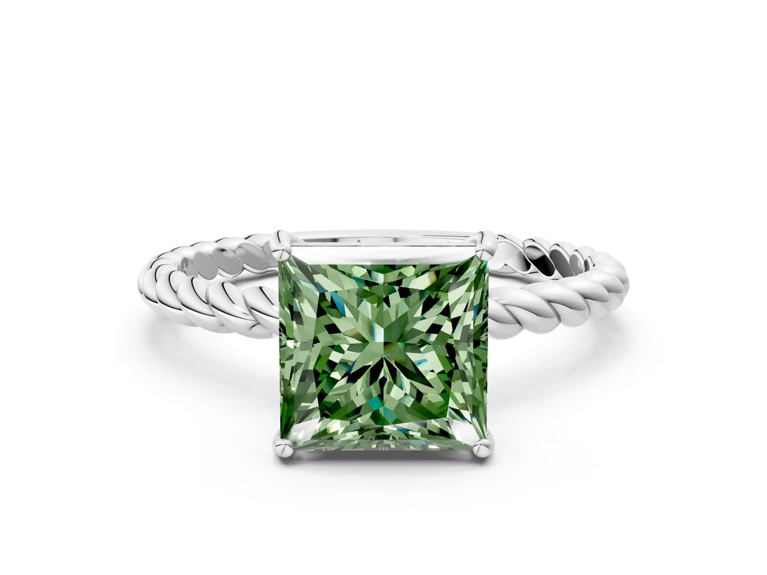 White gold Fancy Green Princess  Solitaire Twist Band Ring with Four-Prong Setting_13