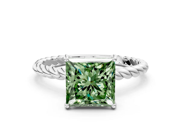 White gold Fancy Green Princess  Solitaire Twist Band Ring with Four-Prong Setting