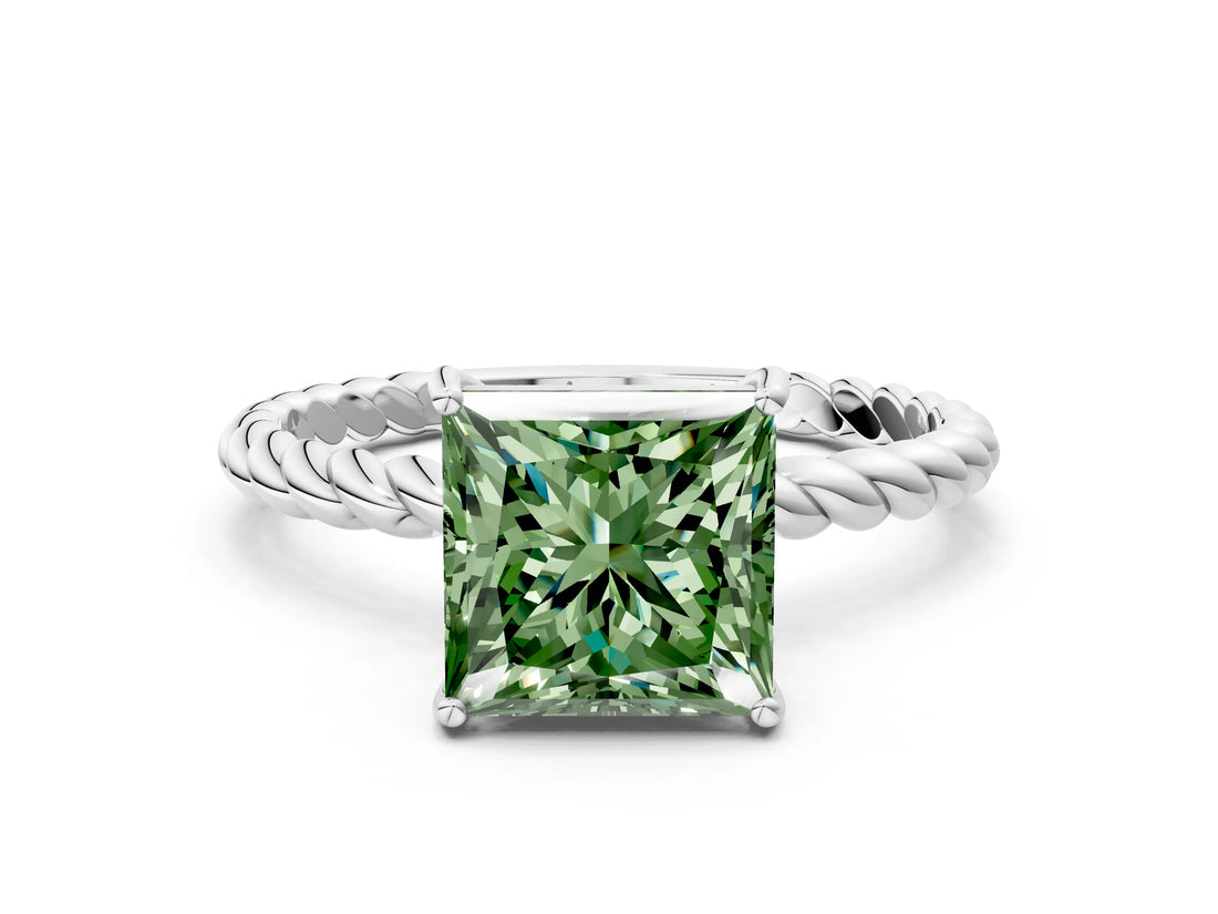 White gold Fancy Green Princess  Solitaire Twist Band Ring with Four-Prong Setting_13