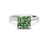 White gold Fancy Green Princess  Solitaire Twist Band Ring with Four-Prong Setting_13
