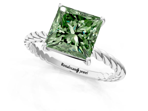 White gold Fancy Green Princess  Solitaire Twist Band Ring with Four-Prong Setting