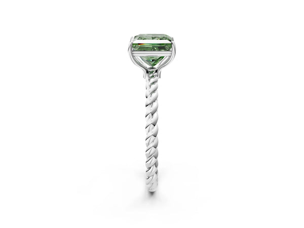 White gold Fancy Green Princess  Solitaire Twist Band Ring with Four-Prong Setting