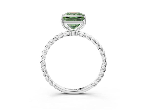 White gold Fancy Green Princess  Solitaire Twist Band Ring with Four-Prong Setting