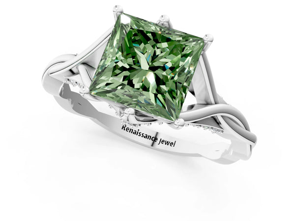 White gold Fancy Green Princess  Solitaire Twist Band Six-Prong Setting