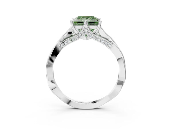 White gold Fancy Green Princess  Solitaire Twist Band Six-Prong Setting