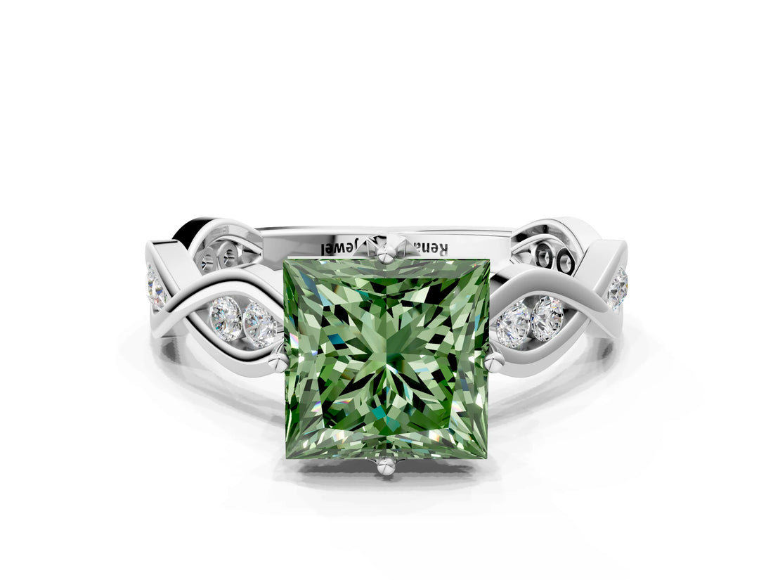 White gold Fancy Green Princess  Solitaire Twist Band with Leaf Prong Setting 1