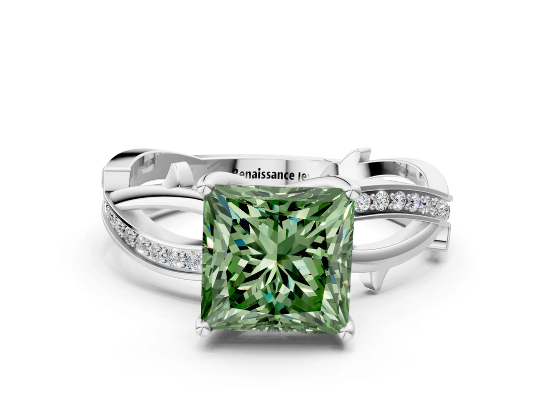 White gold Fancy Green Princess  Solitaire Twist Band with Pavé Accents and Four-Prong Setting_20
