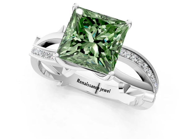 White gold Fancy Green Princess  Solitaire Twist Band with Pavé Accents and Four-Prong Setting