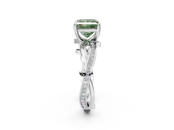 White gold Fancy Green Princess  Solitaire Twist Band with Pavé Accents and Four-Prong Setting