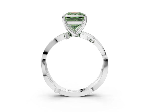 White gold Fancy Green Princess  Solitaire Twist Band with Pavé Accents and Four-Prong Setting