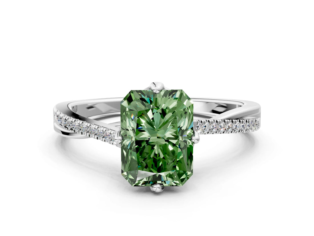 White gold Fancy Green Princess  Solitaire Twist Band with Pavé Diamonds and Four-Prong Setting_58