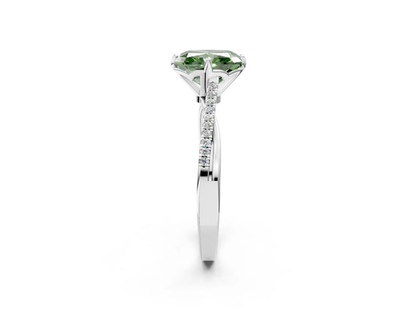 White gold Fancy Green Princess  Solitaire Twist Band with Pavé Diamonds and Four-Prong Setting