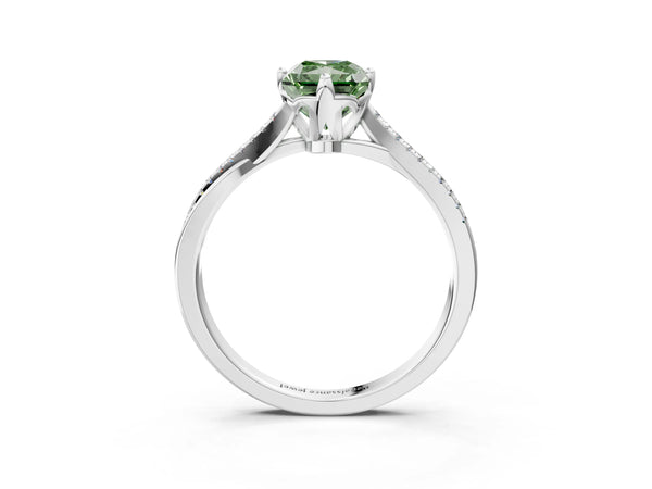 White gold Fancy Green Princess  Solitaire Twist Band with Pavé Diamonds and Four-Prong Setting