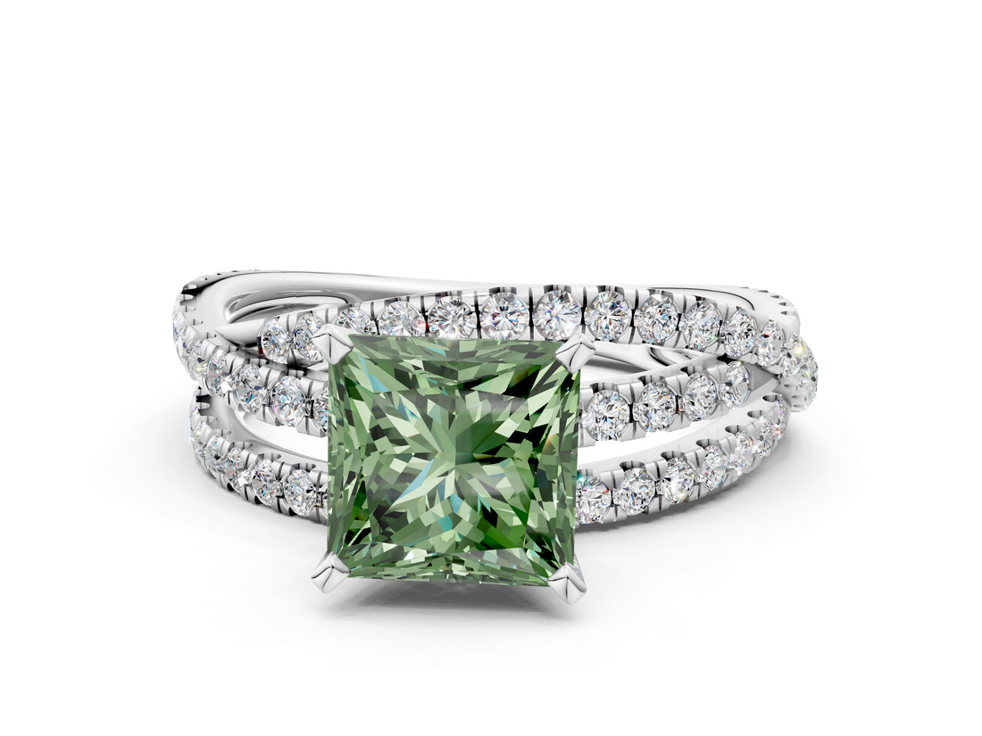 White gold Fancy Green Princess  Solitaire Twist Band with Pavé Setting and Four-Prong Setting