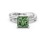 White gold Fancy Green Princess  Solitaire Twist Band with Pave Prong Setting