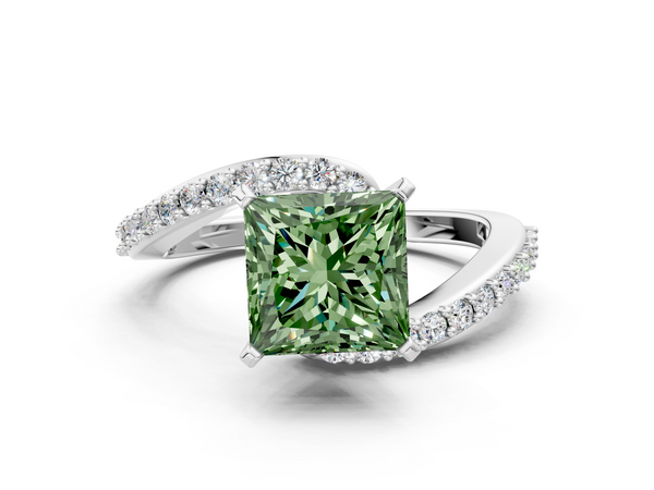 White gold Fancy Green Princess  Solitaire Twist Band with Pave Set Diamonds and Four-Prong Setting