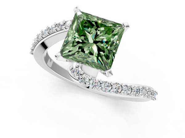 White gold Fancy Green Princess  Solitaire Twist Band with Pave Set Diamonds and Four-Prong Setting