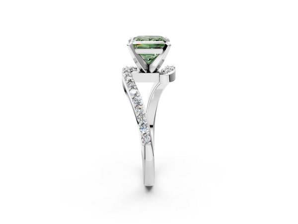 White gold Fancy Green Princess  Solitaire Twist Band with Pave Set Diamonds and Four-Prong Setting