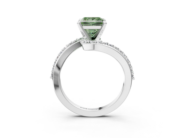 White gold Fancy Green Princess  Solitaire Twist Band with Pave Set Diamonds and Four-Prong Setting