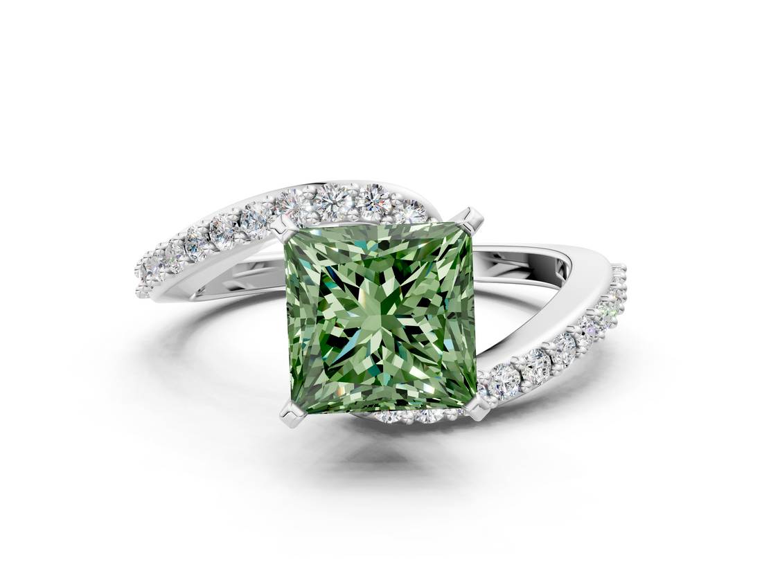 White gold Fancy Green Princess  Solitaire Twist Band with Pave Set Diamonds and Four-Prong Setting
