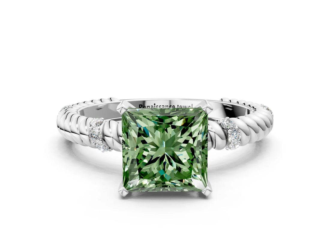 White gold Fancy Green Princess  Solitaire Twisted Band Prong Set Engagement Ring_62