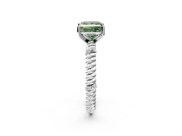 White gold Fancy Green Princess  Solitaire Twisted Band Prong Set Engagement Ring
