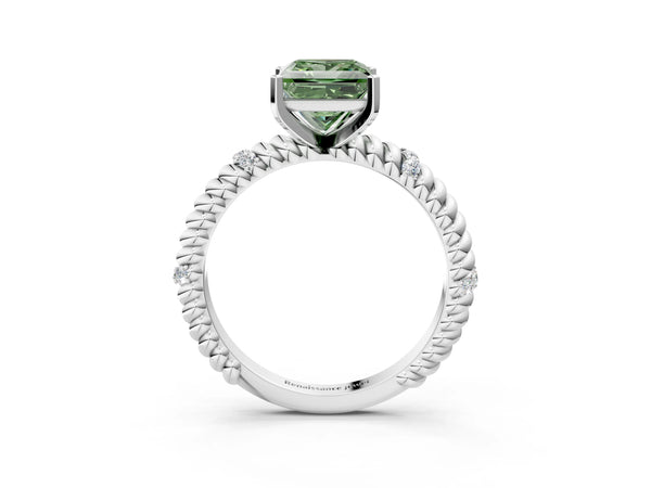 White gold Fancy Green Princess  Solitaire Twisted Band Prong Set Engagement Ring
