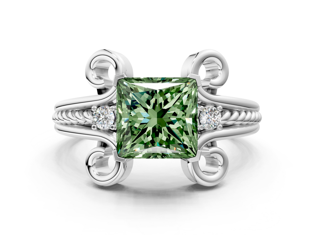White gold Fancy Green Princess  Solitaire Twisted Band Scroll Prong Ring_3