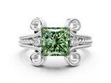 White gold Fancy Green Princess  Solitaire Twisted Band Scroll Prong Ring_3