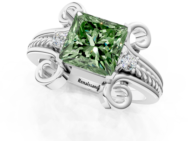 Platinum Fancy Green Princess  Solitaire Twisted Band Scroll Prong Ring