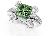 White gold Fancy Green Princess  Solitaire Twisted Band Scroll Prong Ring_4