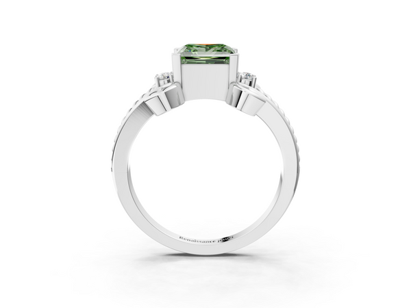 Platinum Fancy Green Princess  Solitaire Twisted Band Scroll Prong Ring
