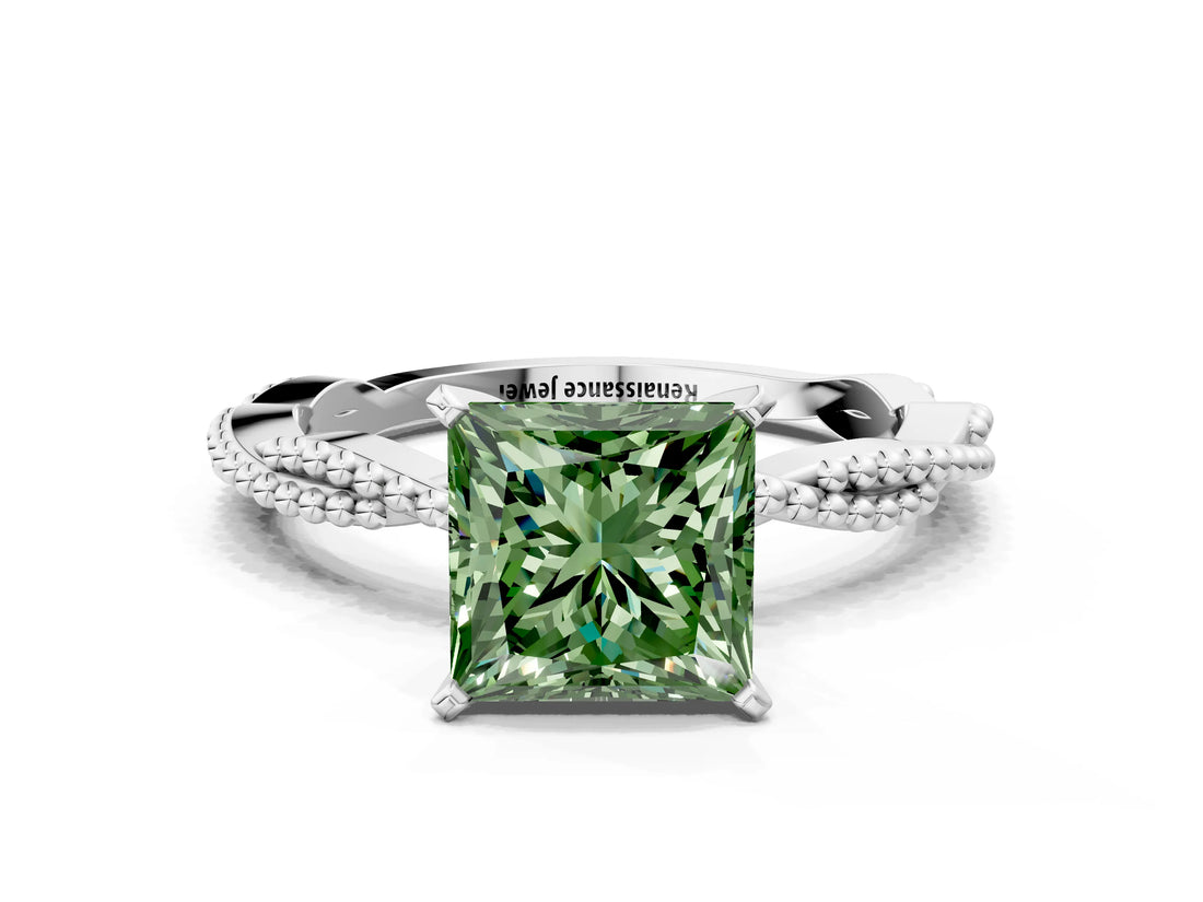 White gold Fancy Green Princess  Solitaire Twisted Band with Bead Prong Setting_70