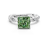 White gold Fancy Green Princess  Solitaire Twisted Band with Pavé Accents and Four-Prong Setting