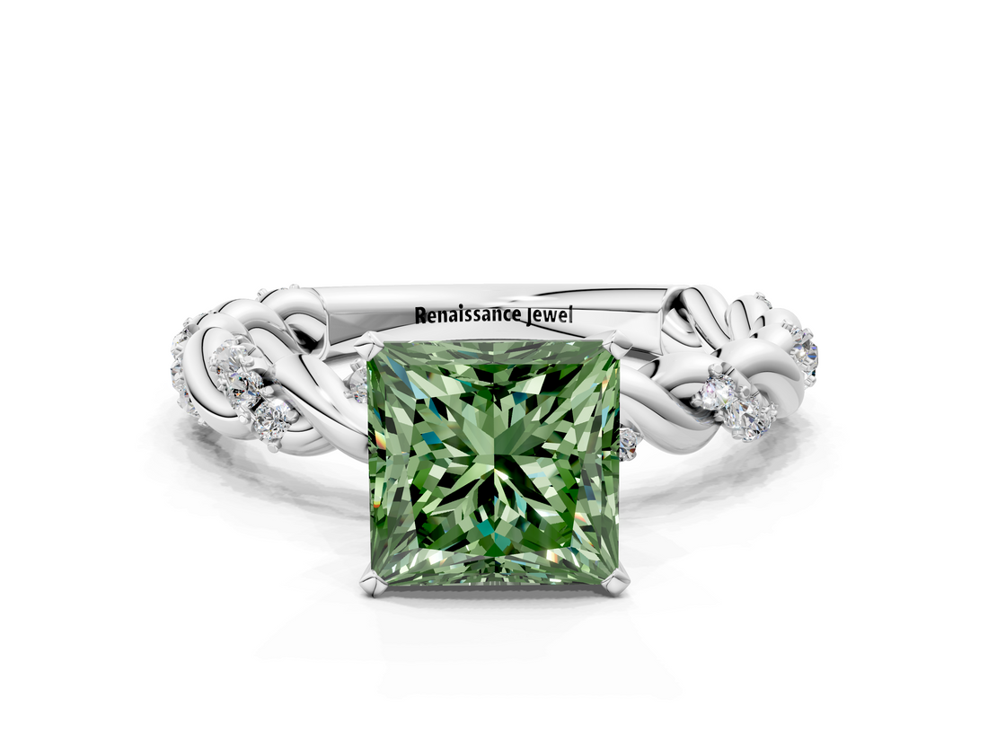 White gold Fancy Green Princess  Solitaire Twisted Band with Pavé Accents and Four-Prong Setting