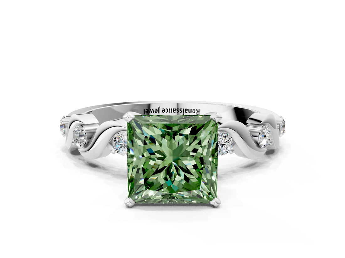 White gold Fancy Green Princess  Solitaire Twisted Band with Prong Setting 1