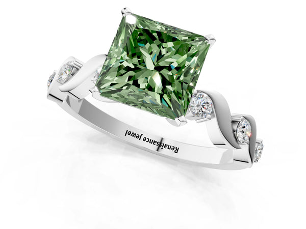 White gold Fancy Green Princess  Solitaire Twisted Band with Prong Setting