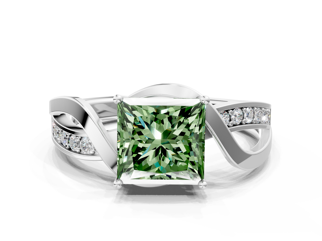White gold Fancy Green Princess  Solitaire Twisted Band with Prong Setting_3