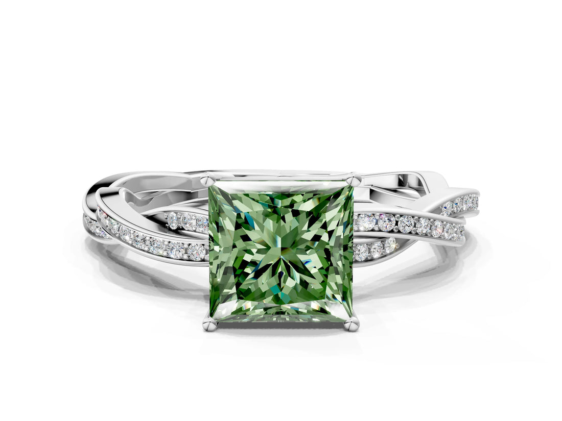 White gold Fancy Green Princess  Solitaire Twisted Pave Diamond Ring with Four-Prong Setting_139
