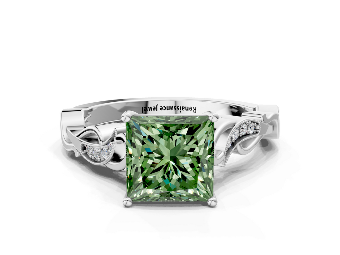 White gold Fancy Green Princess  Solitaire Vine Band with Milgrain Prong Setting_3