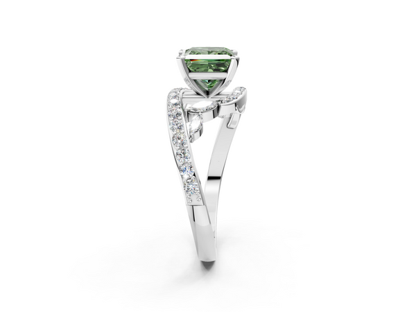 White gold Fancy Green Princess  Solitaire with Pavé Twist Band and Four-Prong Setting