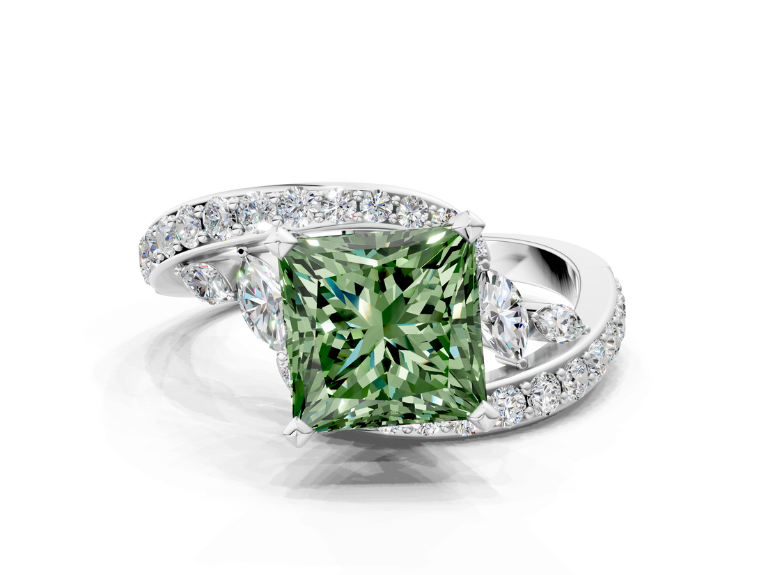 White gold Fancy Green Princess  Solitaire with Pavé Twist Band and Four-Prong Setting