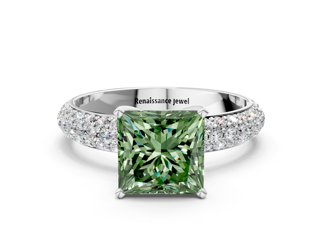 White gold Fancy Green Princess  Solitaire with Pave Band and Four-Prong Setting_3