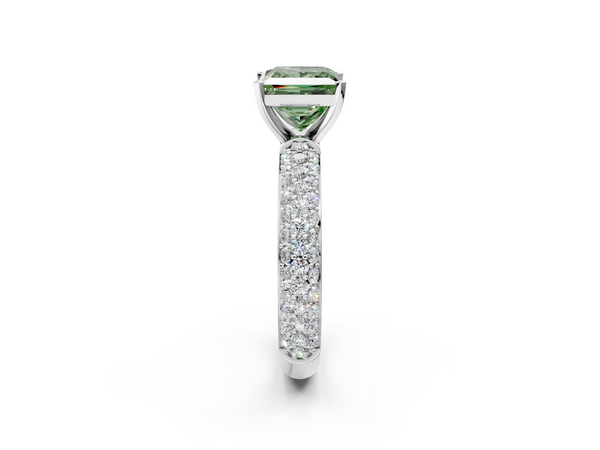 Platinum Fancy Green Princess  Diamond Solitaire Ring with Prong Setting and Pavé Band