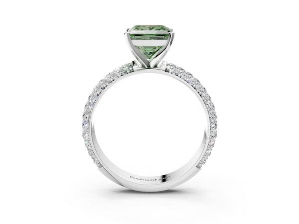 Platinum Fancy Green Princess  Diamond Solitaire Ring with Prong Setting and Pavé Band