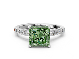 White gold Fancy Green Princess  Solitaire with Side Baguettes and Channel Set Band